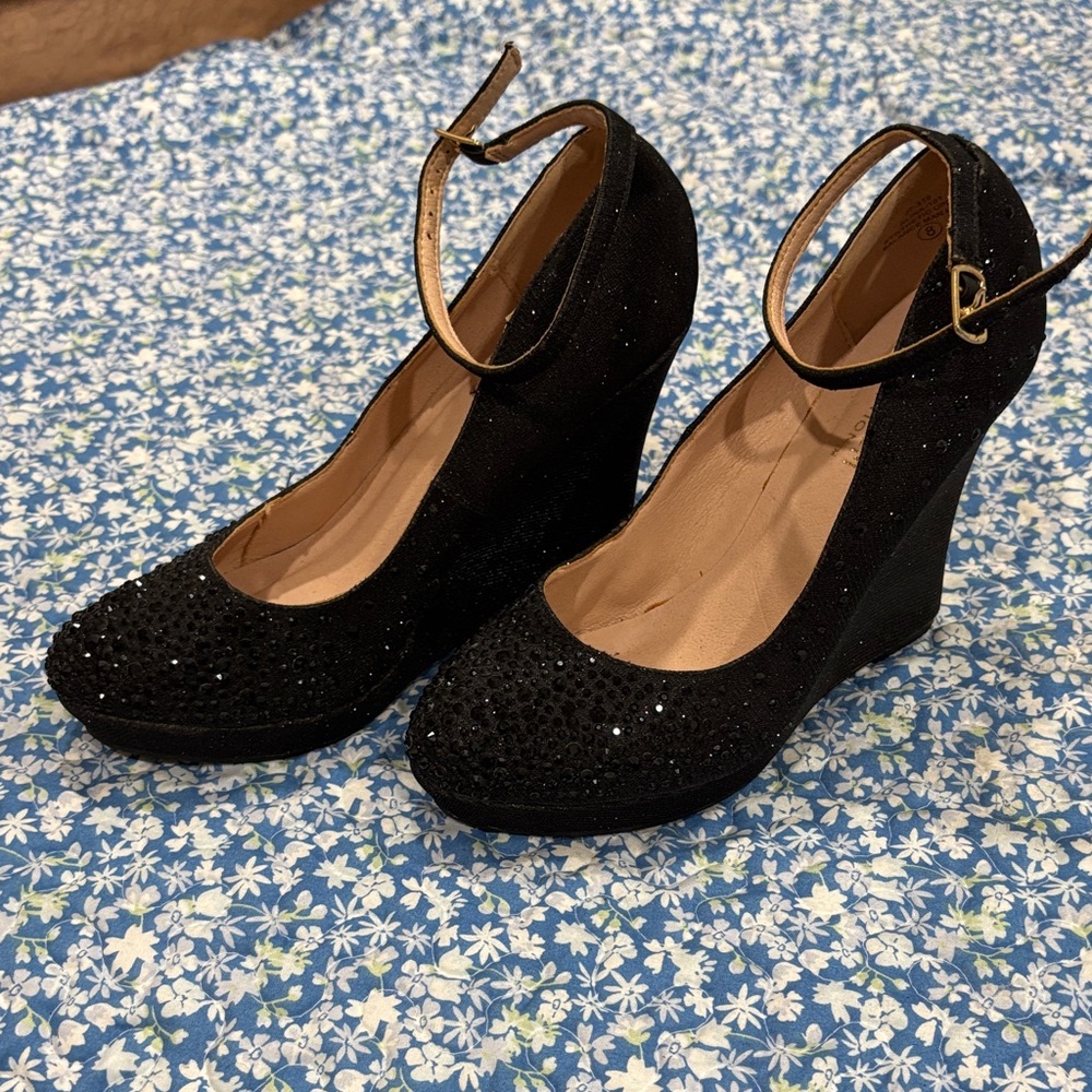 Black Sparkle Wedge Pumps with Ankle Strap